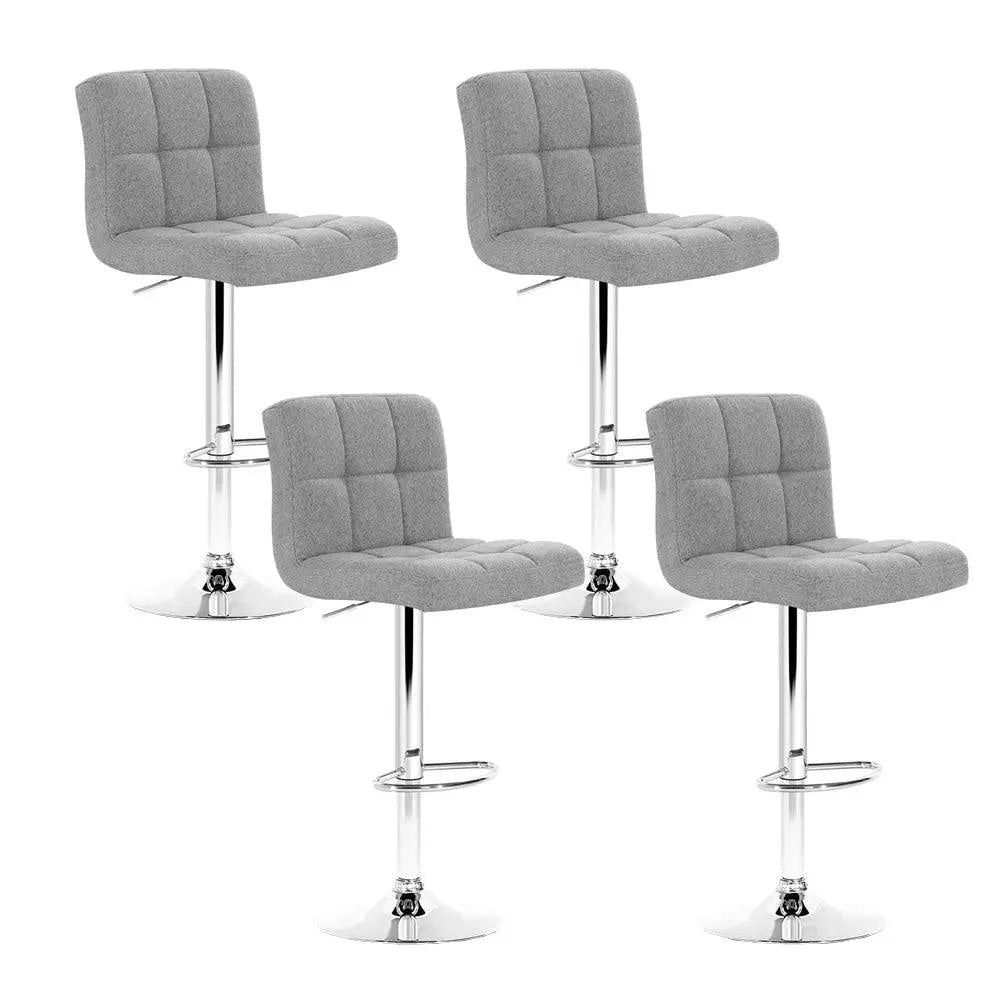 Artiss Set of 4 Grey Fabric Swivel Bar Stools with chrome base and gas lift, featuring padded seats for comfort.