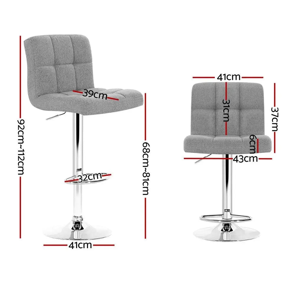 Artiss Set of 4 Grey Fabric Swivel Bar Stools with chrome base and gas lift, featuring padded seats for comfort.