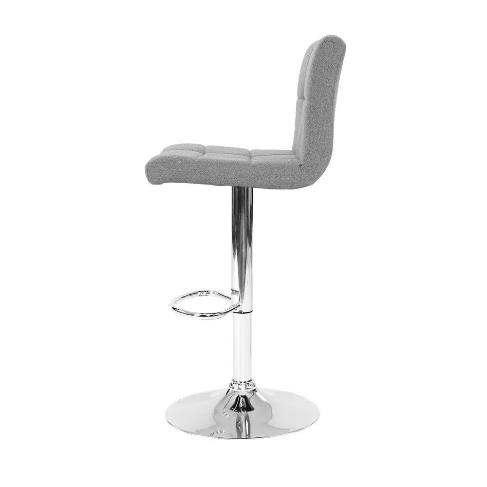 Artiss Set of 4 Grey Fabric Swivel Bar Stools with chrome base and gas lift, featuring padded seats for comfort.