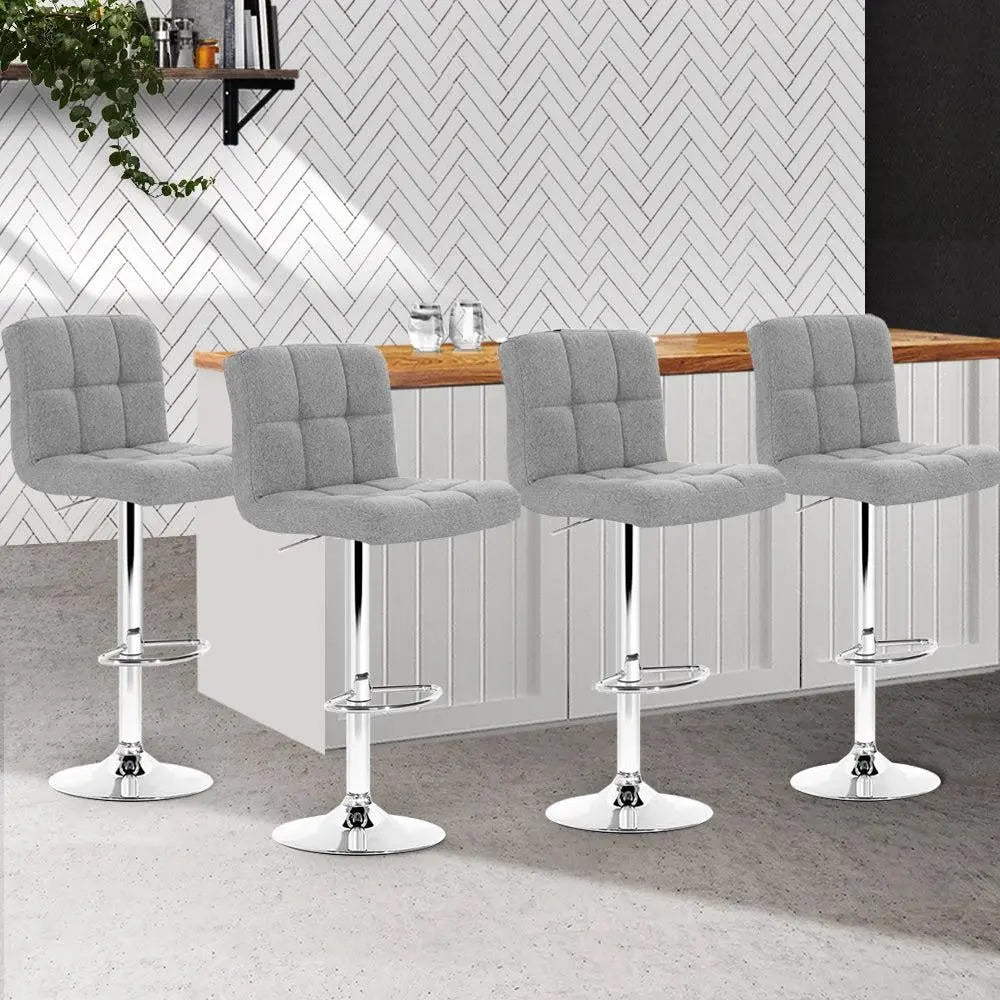 Artiss Set of 4 Grey Fabric Swivel Bar Stools with chrome base and gas lift, featuring padded seats for comfort.