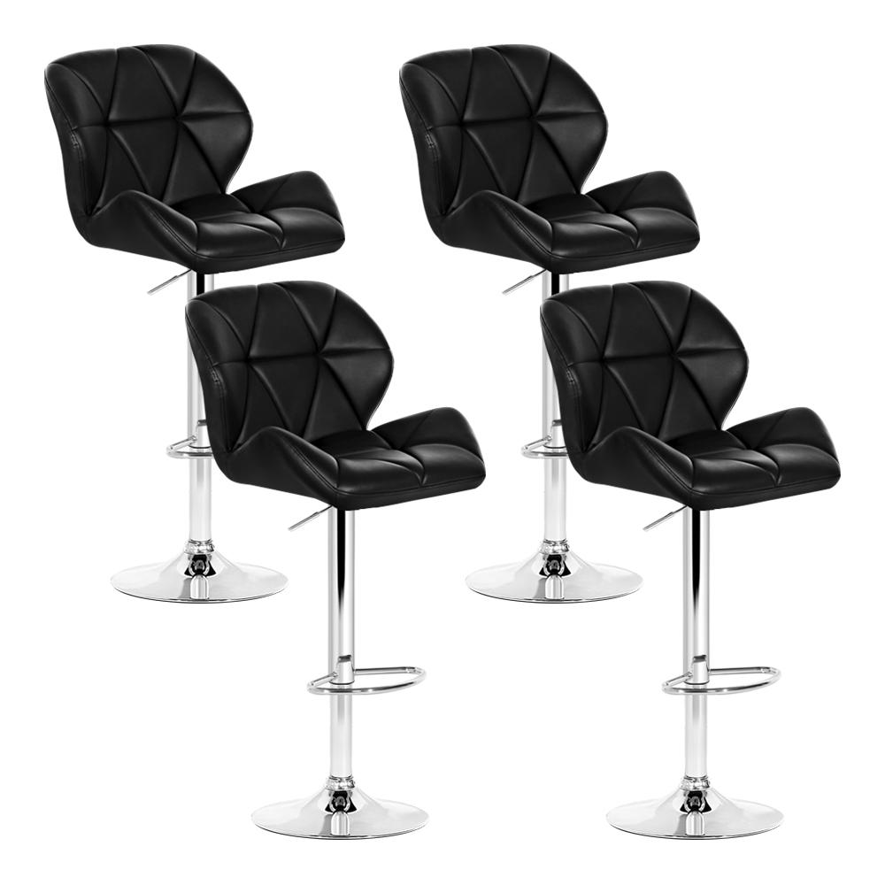 Artiss Set of 4 Kitchen Bar Stools in black faux leather with chrome accents, featuring adjustable height and 360-degree swivel.