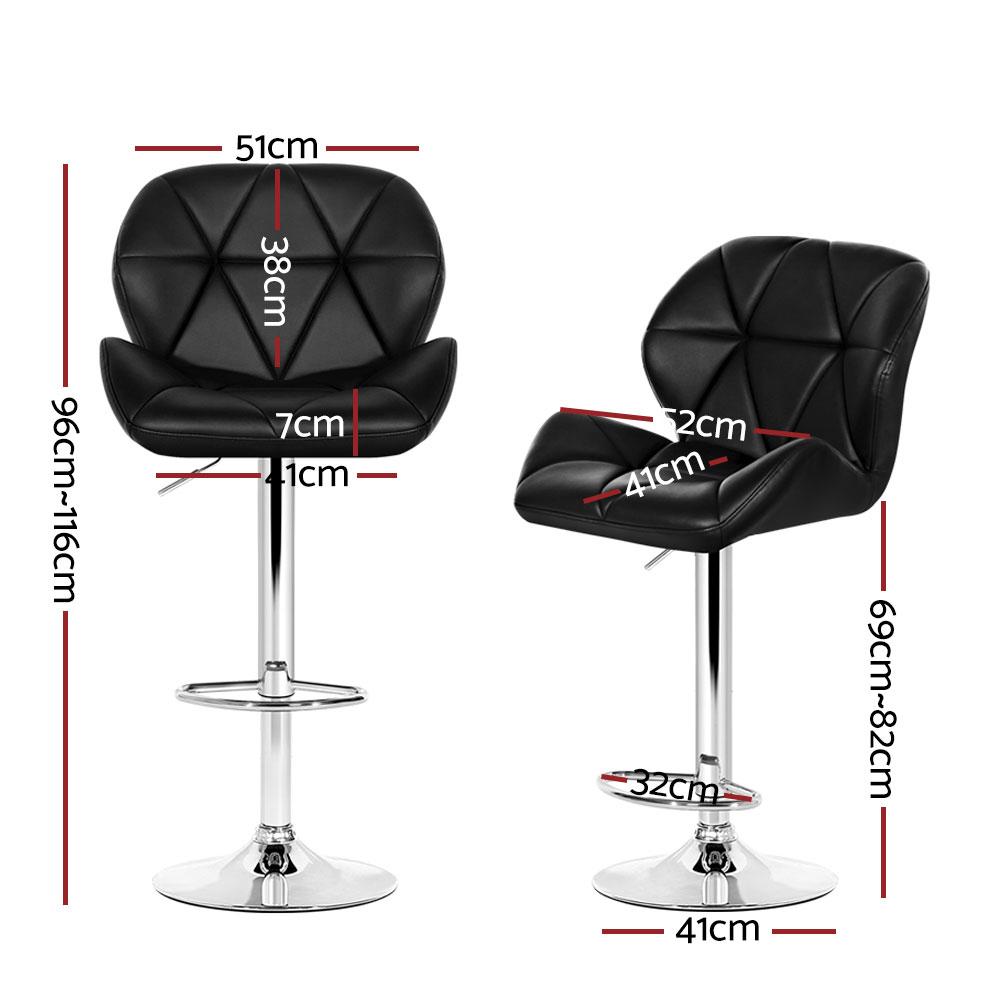 Artiss Set of 4 Kitchen Bar Stools in black faux leather with chrome accents, featuring adjustable height and 360-degree swivel.