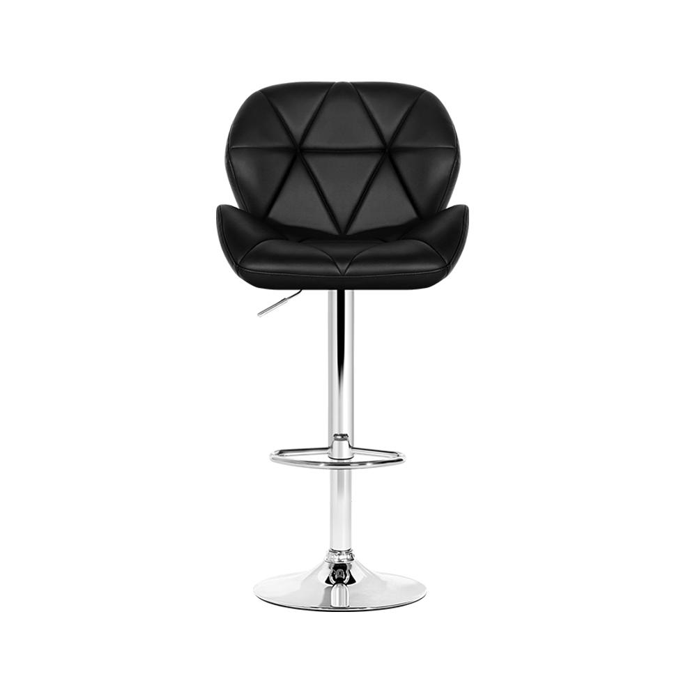 Artiss Set of 4 Kitchen Bar Stools in black faux leather with chrome accents, featuring adjustable height and 360-degree swivel.