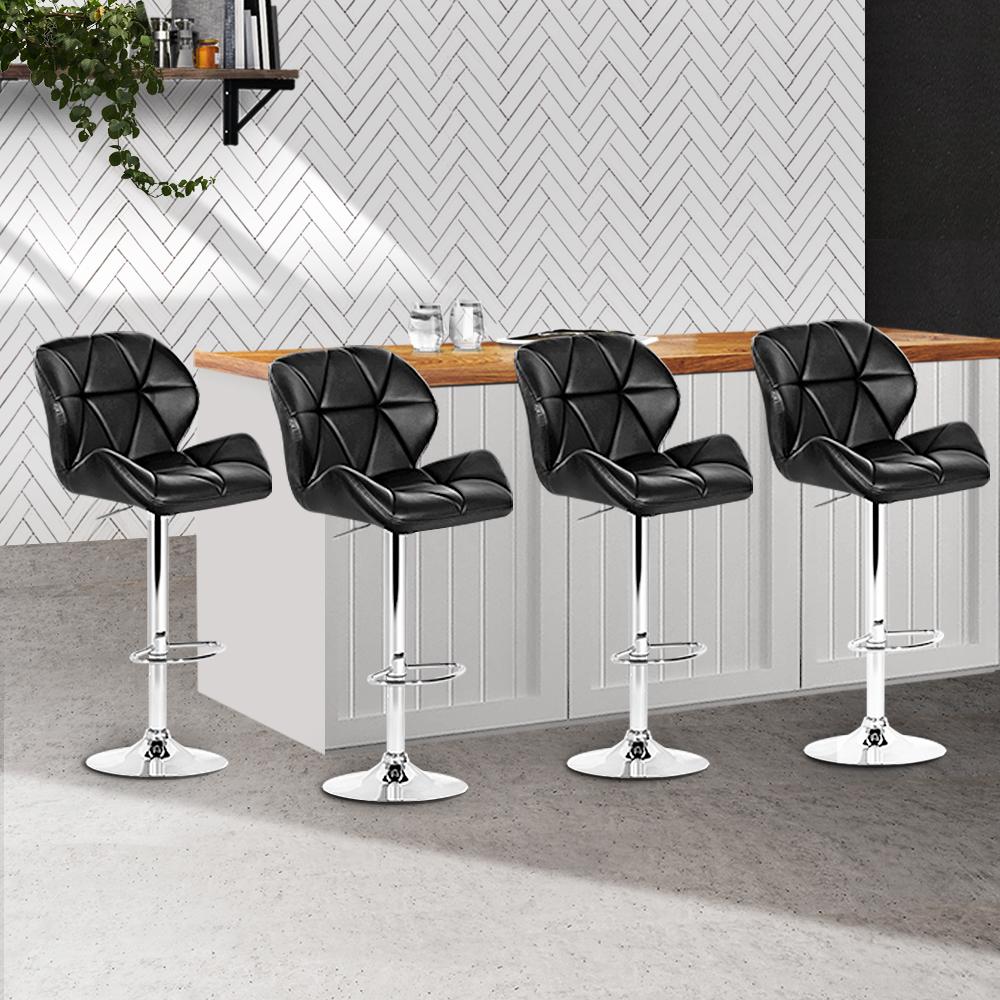 Artiss Set of 4 Kitchen Bar Stools in black faux leather with chrome accents, featuring adjustable height and 360-degree swivel.