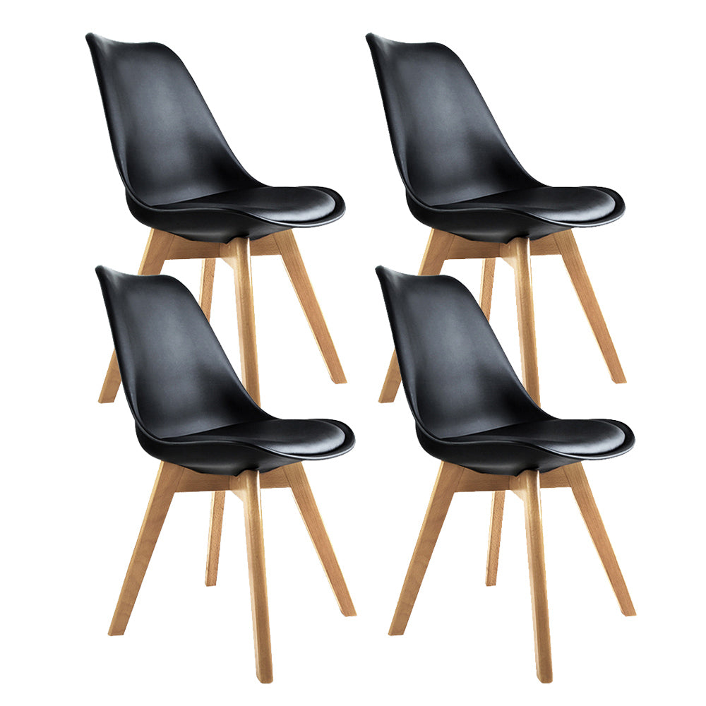 Artiss Set of 4 Padded Dining Chairs in Black featuring PU leather seats and beech wooden legs, ideal for modern dining spaces.