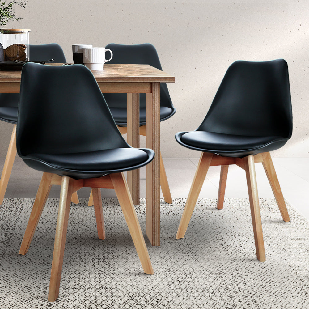 Artiss Set of 4 Padded Dining Chairs in Black featuring PU leather seats and beech wooden legs, ideal for modern dining spaces.