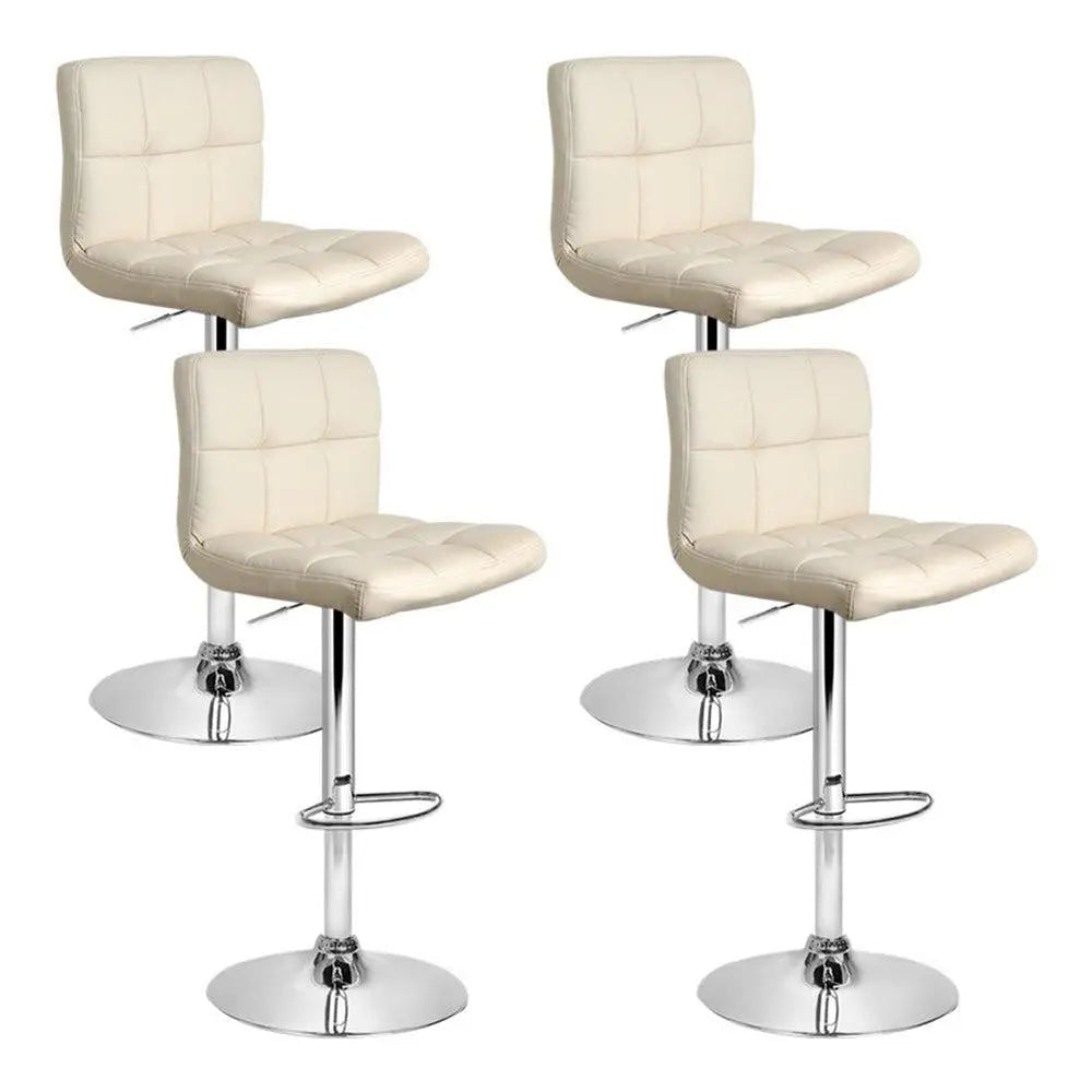 Artiss Set of 4 PU Leather Gas Lift Bar Stools in Beige with checkered backrest and chrome base, showcasing comfort and style.