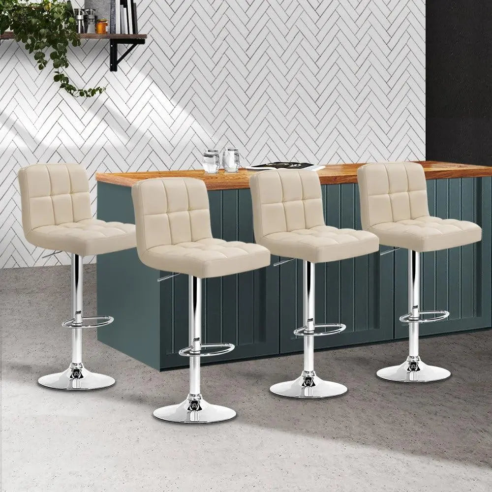 Artiss Set of 4 PU Leather Gas Lift Bar Stools in Beige with checkered backrest and chrome base, showcasing comfort and style.