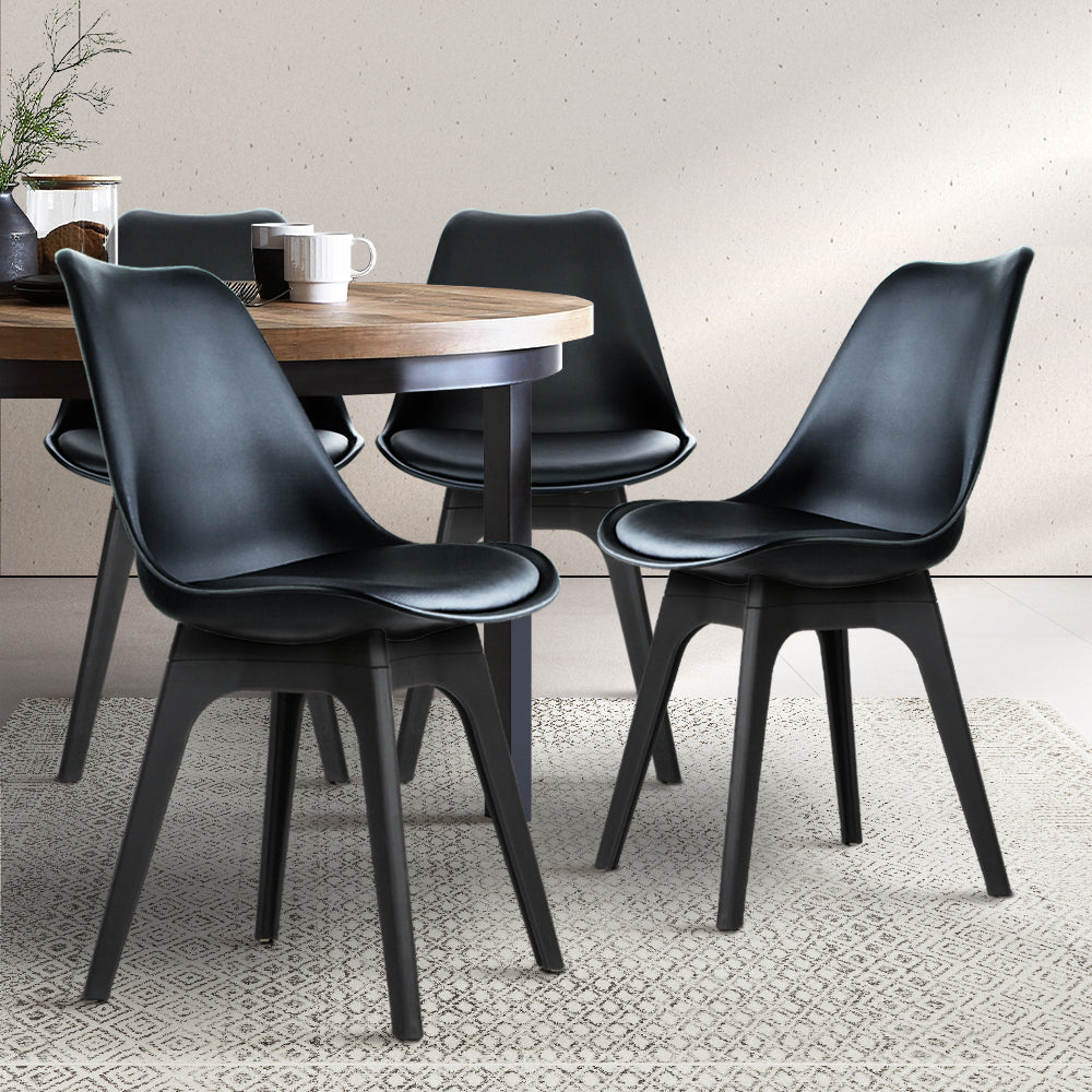 Artiss Set of 4 Retro Padded Dining Chairs in Black, featuring thick padded seats and strong PP legs, ideal for stylish dining.