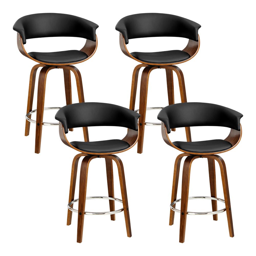 Artiss Set of 4 Swivel PU Leather Bar Stools featuring a walnut finish frame and black padded seats, designed for comfort and style.