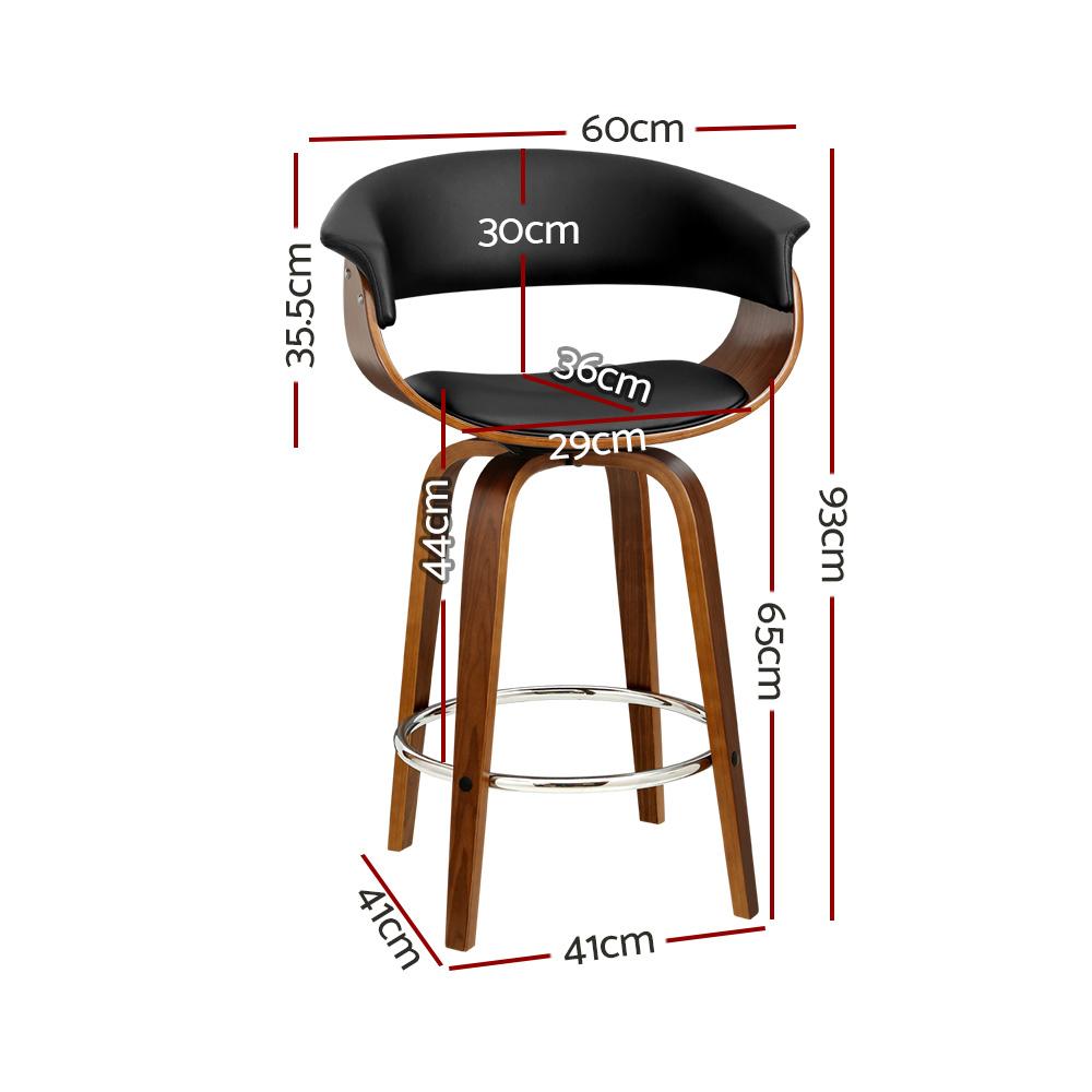 Artiss Set of 4 Swivel PU Leather Bar Stools featuring a walnut finish frame and black padded seats, designed for comfort and style.