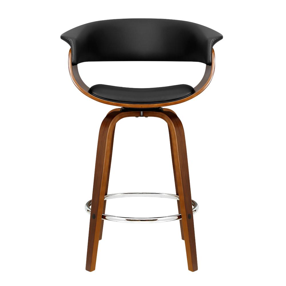 Artiss Set of 4 Swivel PU Leather Bar Stools featuring a walnut finish frame and black padded seats, designed for comfort and style.