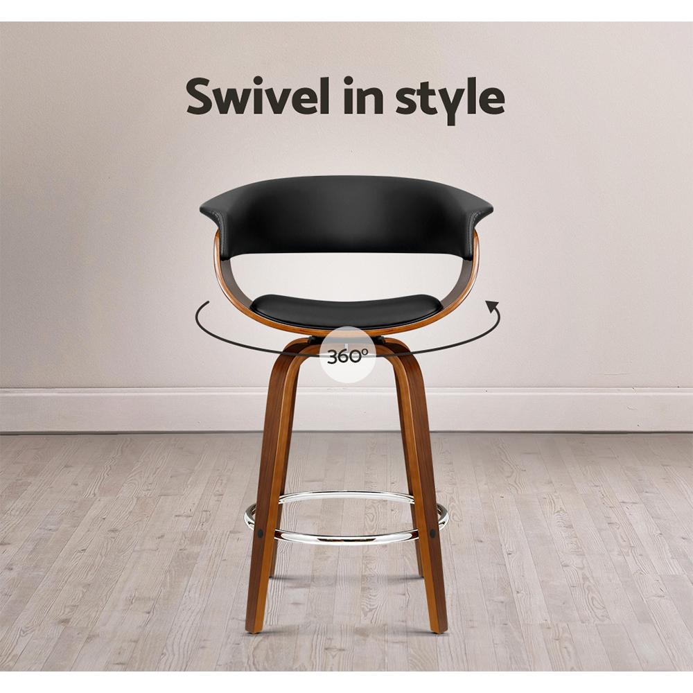 Artiss Set of 4 Swivel PU Leather Bar Stools featuring a walnut finish frame and black padded seats, designed for comfort and style.