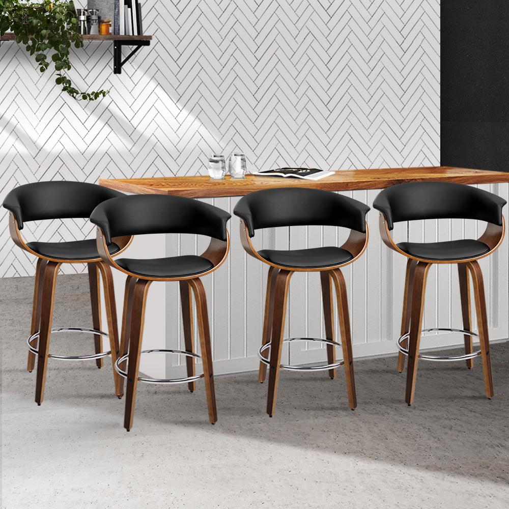 Artiss Set of 4 Swivel PU Leather Bar Stools featuring a walnut finish frame and black padded seats, designed for comfort and style.