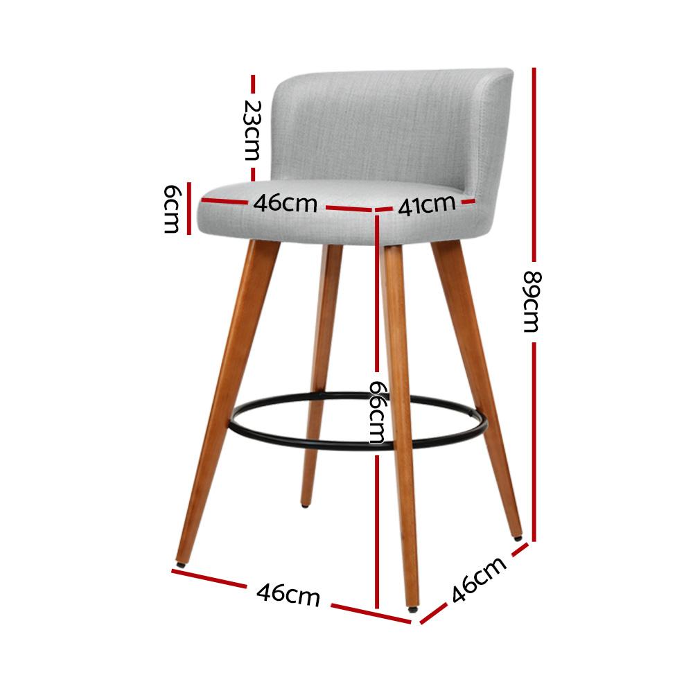 Artiss Set of 4 Wooden Fabric Bar Stools in light grey with circular footrest and padded backrest, showcasing a stylish and comfortable design.