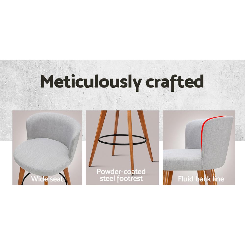 Artiss Set of 4 Wooden Fabric Bar Stools in light grey with circular footrest and padded backrest, showcasing a stylish and comfortable design.