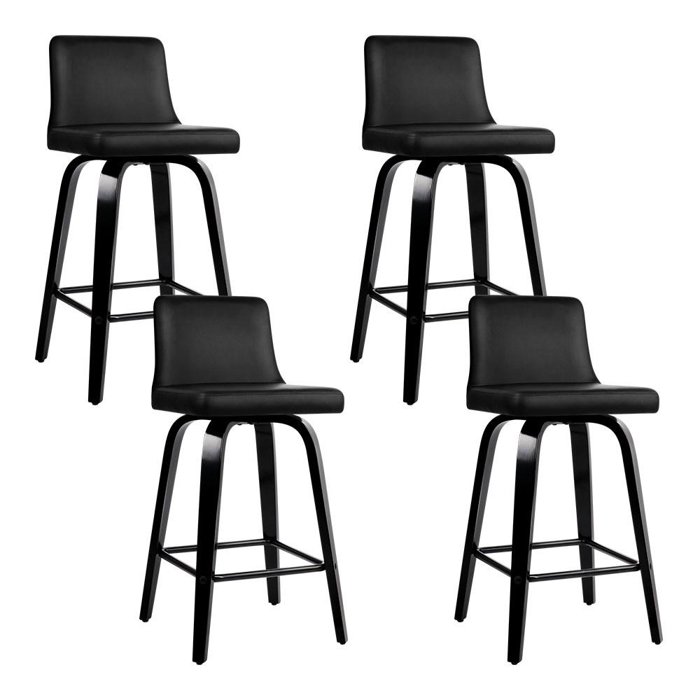 Artiss Set of 4 Wooden PU Leather Bar Stools in Black, featuring a thick padded seat, curved backrest, and chrome steel footrest.