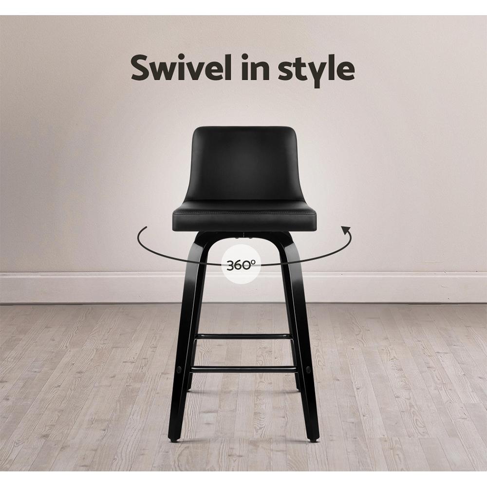 Artiss Set of 4 Wooden PU Leather Bar Stools in Black, featuring a thick padded seat, curved backrest, and chrome steel footrest.