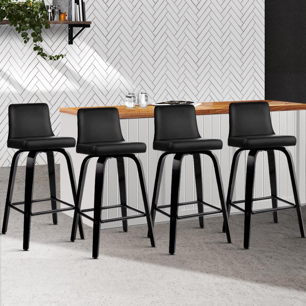 Artiss Set of 4 Wooden PU Leather Bar Stools in Black, featuring a thick padded seat, curved backrest, and chrome steel footrest.