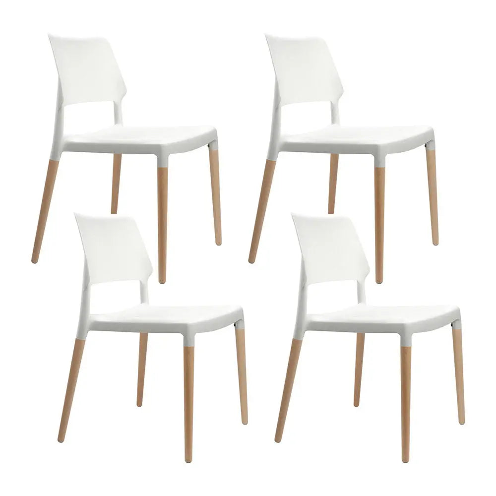 Artiss Set of 4 Wooden Stackable Dining Chairs in White with solid beech wood legs and comfortable PP plastic seats.