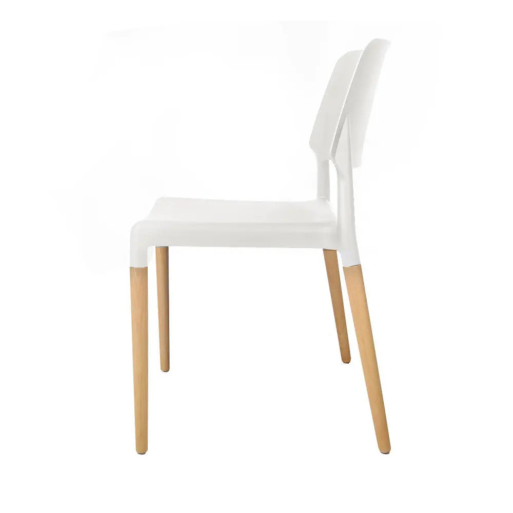 Artiss Set of 4 Wooden Stackable Dining Chairs in White with solid beech wood legs and comfortable PP plastic seats.