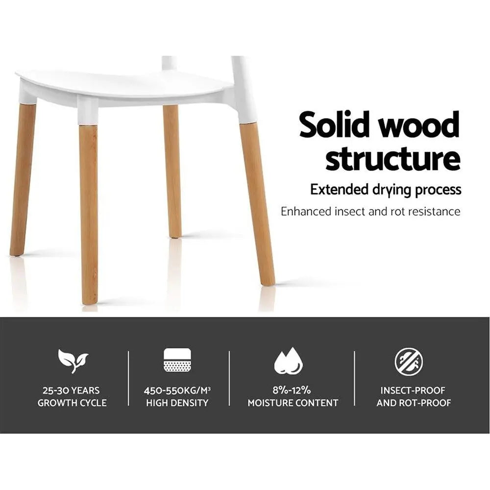 Artiss Set of 4 Wooden Stackable Dining Chairs in White with solid beech wood legs and comfortable PP plastic seats.