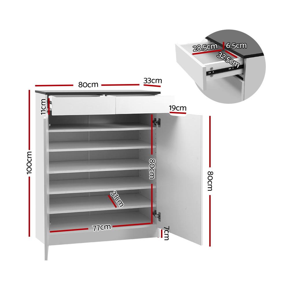 Artiss Shoe Cabinet in white with high gloss finish, showcasing adjustable shelves and smooth drawers for organized shoe storage.