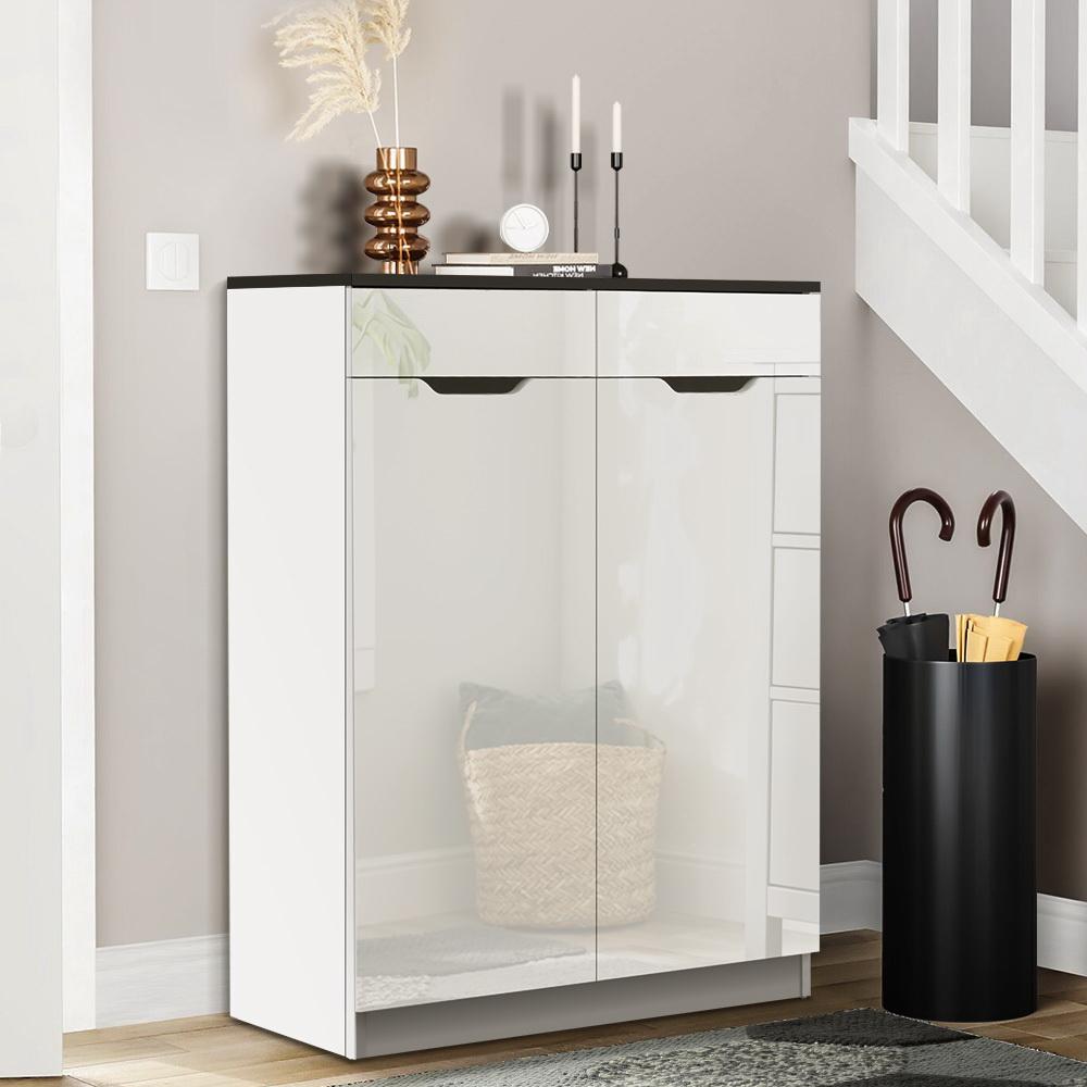 Artiss Shoe Cabinet in white with high gloss finish, showcasing adjustable shelves and smooth drawers for organized shoe storage.