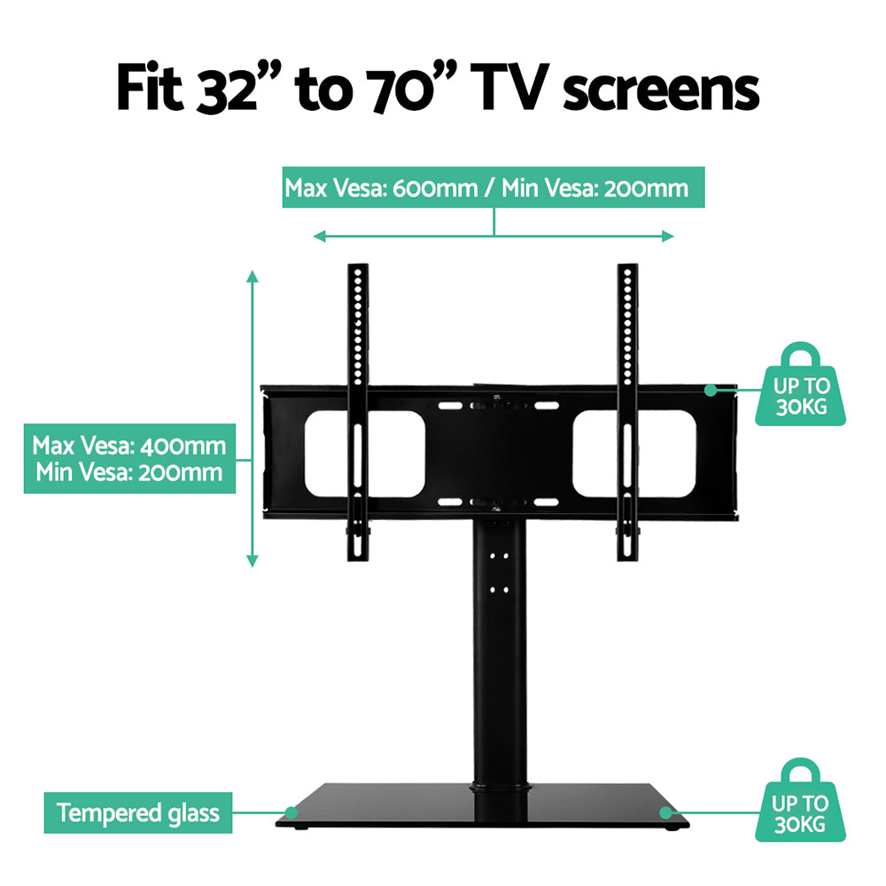 Artiss Table Top TV Swivel Mounted Stand with a sleek black finish, supporting a 32 to 70 inch TV on a tempered glass base.