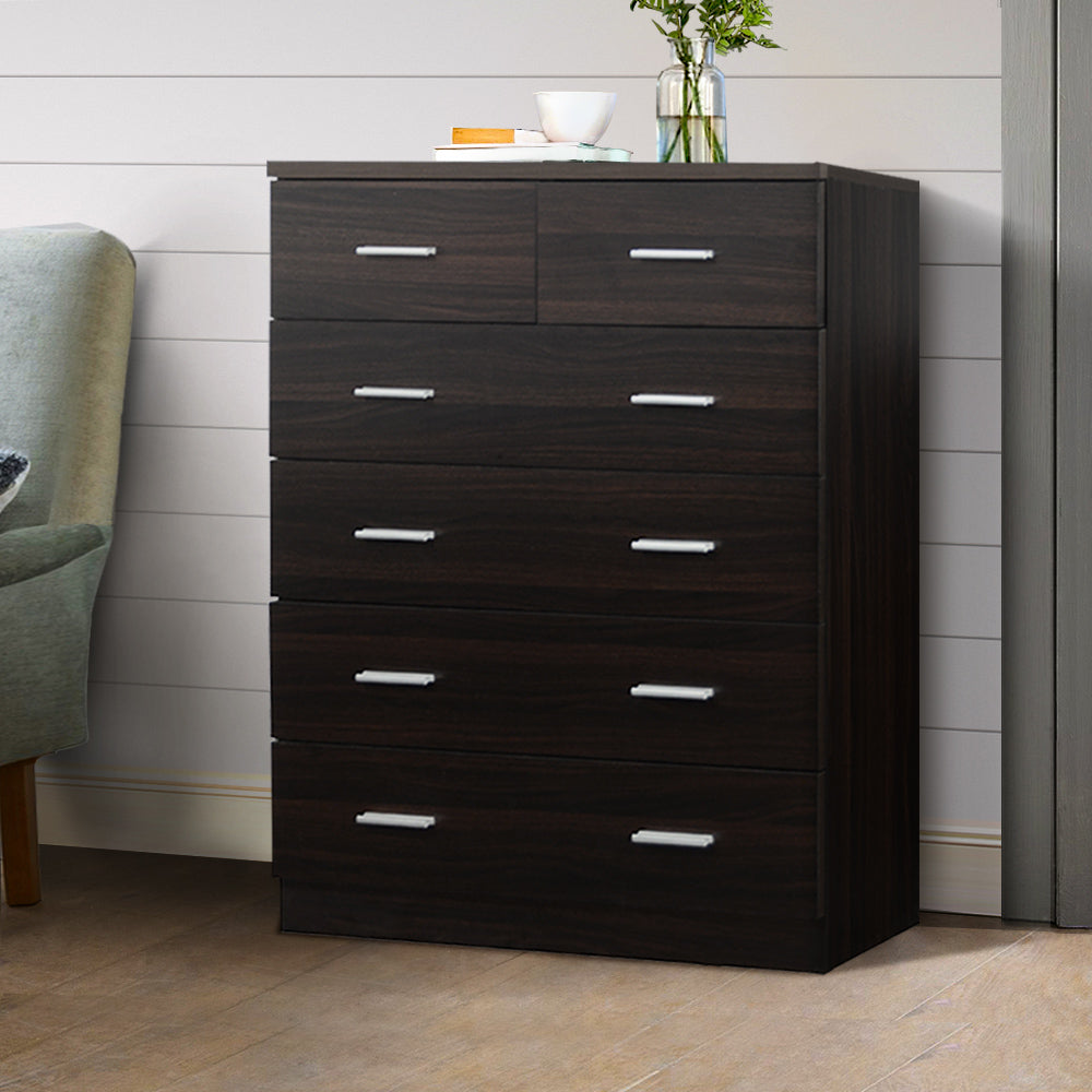 Artiss Tallboy 6 Drawers Storage Cabinet in Walnut, featuring six spacious drawers and elegant handles, perfect for modern home decor.