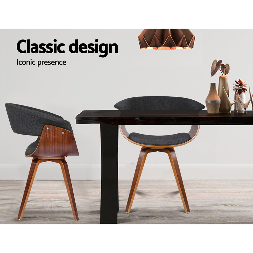 Artiss Timber Wood and Fabric Dining Chair in Charcoal with a curved backrest and sturdy plywood base.