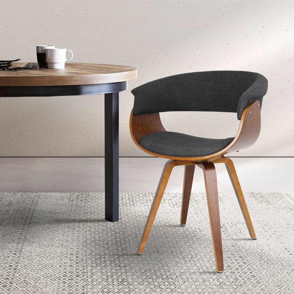 Artiss Timber Wood and Fabric Dining Chair in Charcoal with a curved backrest and sturdy plywood base.