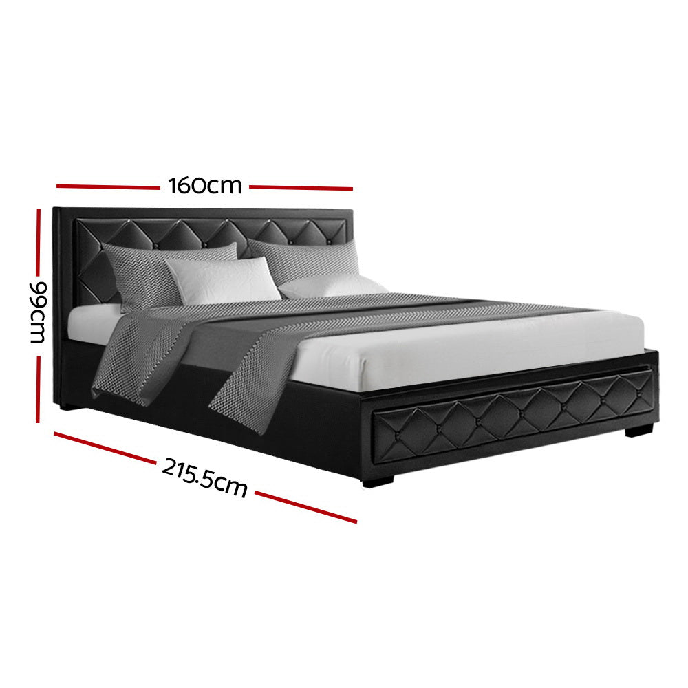 Artiss Tiyo Bed Frame in black PU leather with gas lift storage, featuring a tufted headboard and wooden slat base.