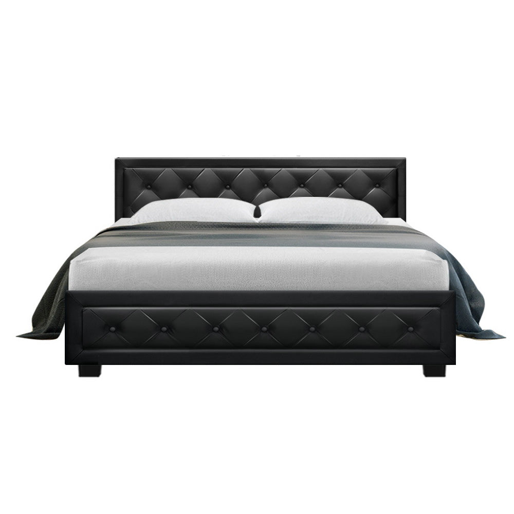 Artiss Tiyo Bed Frame in black PU leather with gas lift storage, featuring a tufted headboard and wooden slat base.