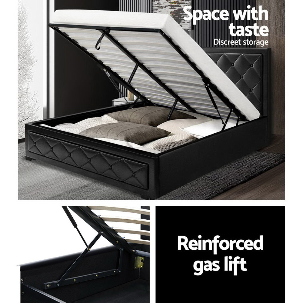 Artiss Tiyo Bed Frame in black PU leather with gas lift storage, featuring a tufted headboard and wooden slat base.