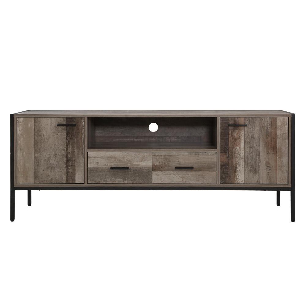 Artiss TV Cabinet Entertainment Unit in industrial style with dark wood finish and black accents, featuring open shelf, cabinets, and drawers.