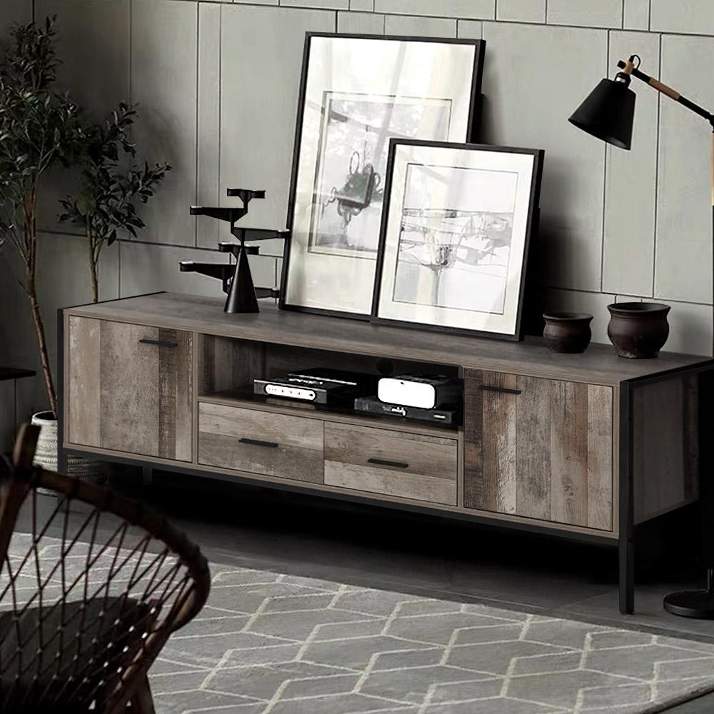 Artiss TV Cabinet Entertainment Unit in industrial style with dark wood finish and black accents, featuring open shelf, cabinets, and drawers.