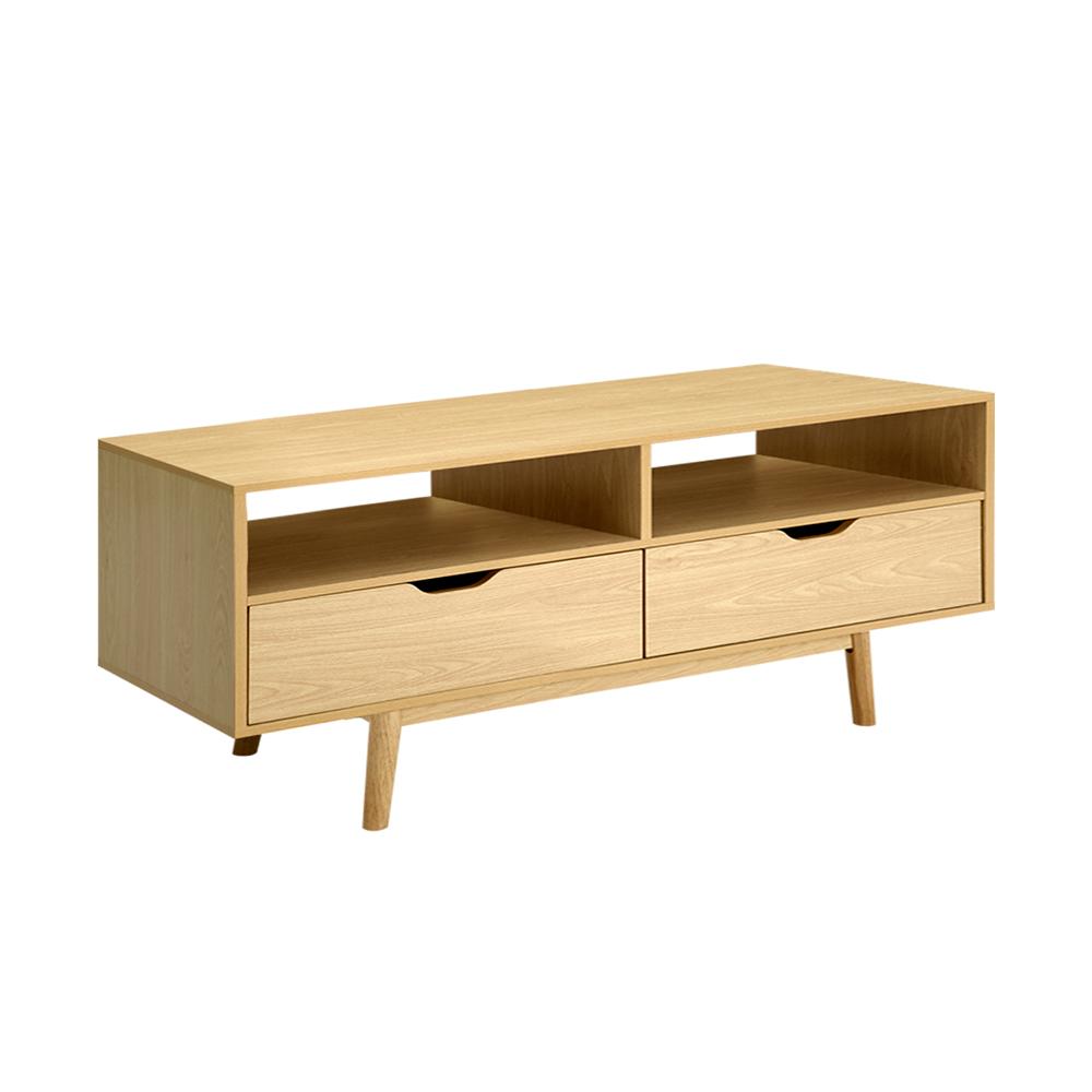 Artiss TV Cabinet Entertainment Unit Stand in natural timber finish with tapered rubber wood legs and open shelves.