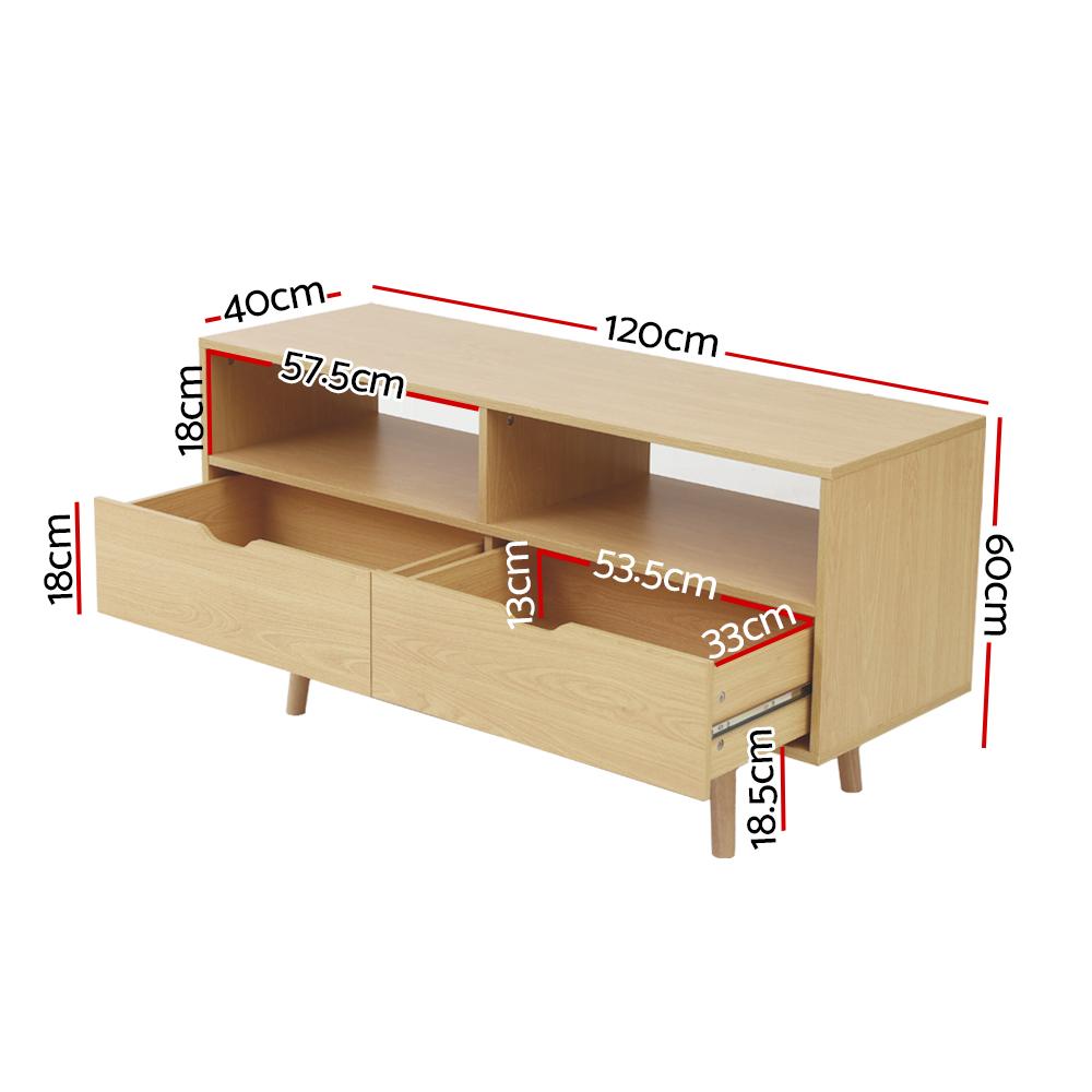 Artiss TV Cabinet Entertainment Unit Stand in natural timber finish with tapered rubber wood legs and open shelves.