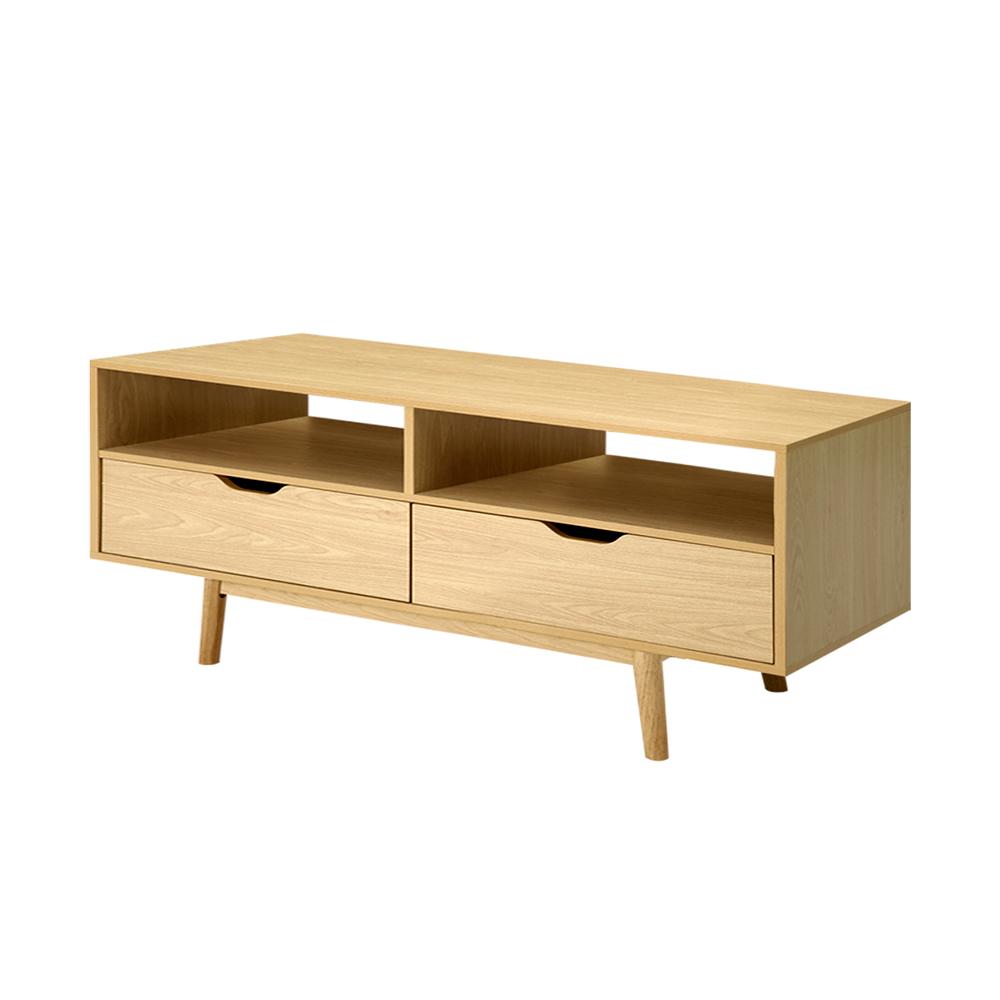 Artiss TV Cabinet Entertainment Unit Stand in natural timber finish with tapered rubber wood legs and open shelves.