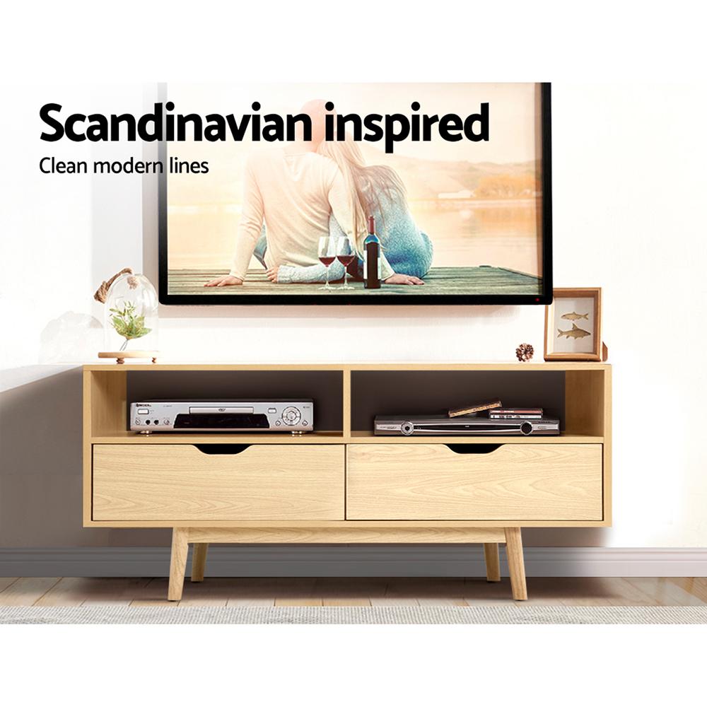 Artiss TV Cabinet Entertainment Unit Stand in natural timber finish with tapered rubber wood legs and open shelves.