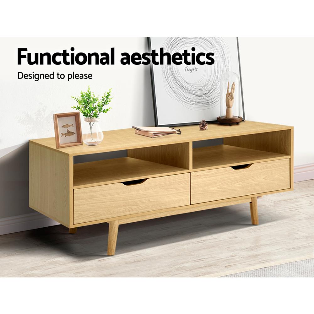 Artiss TV Cabinet Entertainment Unit Stand in natural timber finish with tapered rubber wood legs and open shelves.