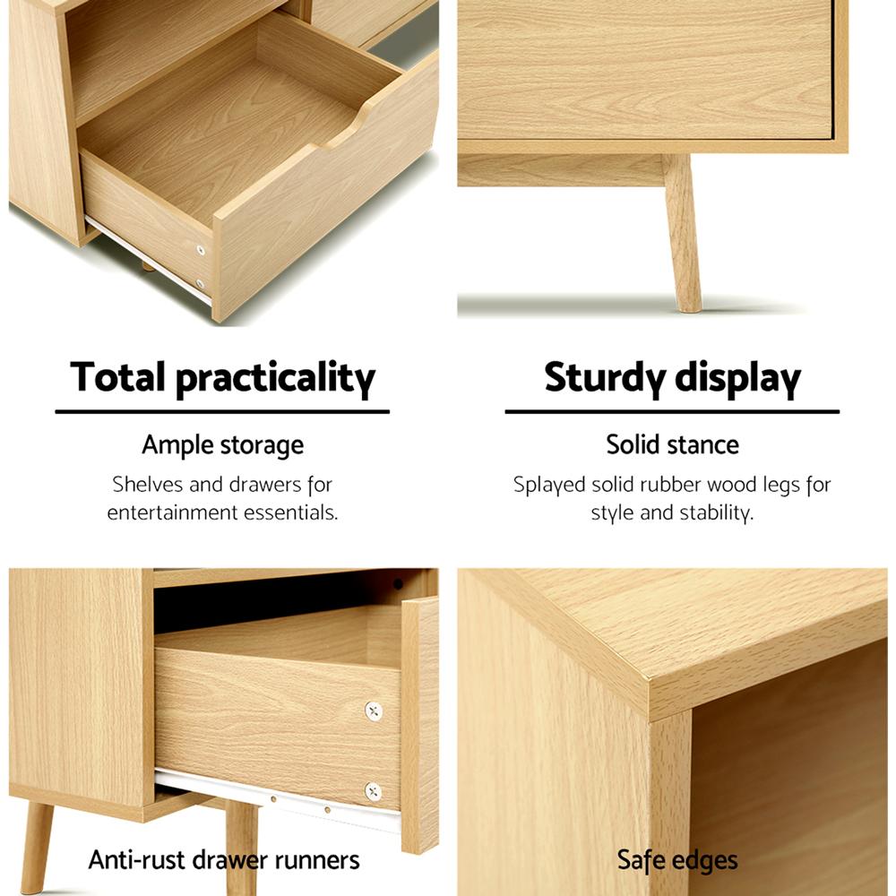 Artiss TV Cabinet Entertainment Unit Stand in natural timber finish with tapered rubber wood legs and open shelves.