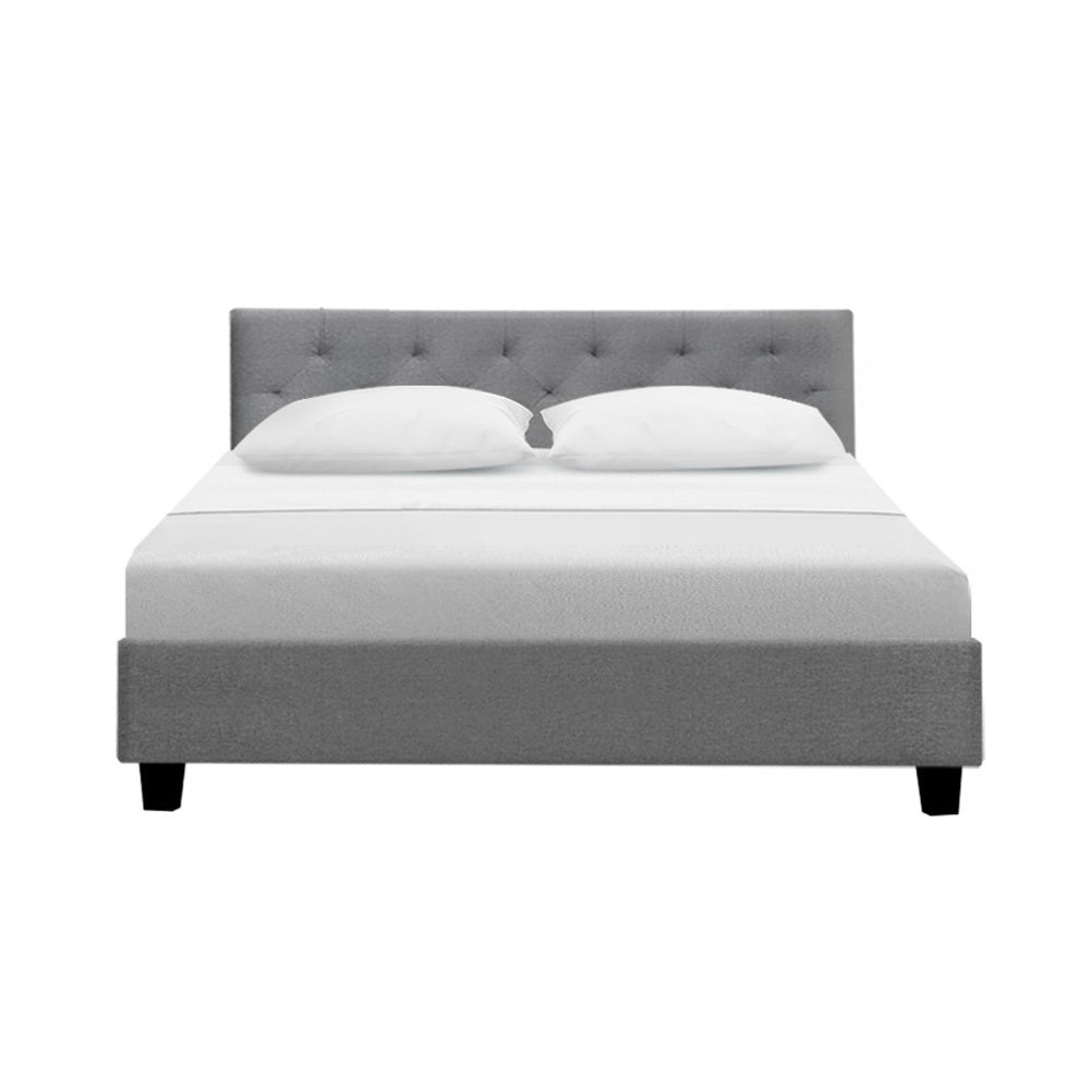 Artiss Vanke Bed Frame in Grey with tufted-button headboard and solid wooden slats, showcasing modern design and quality faux linen upholstery.