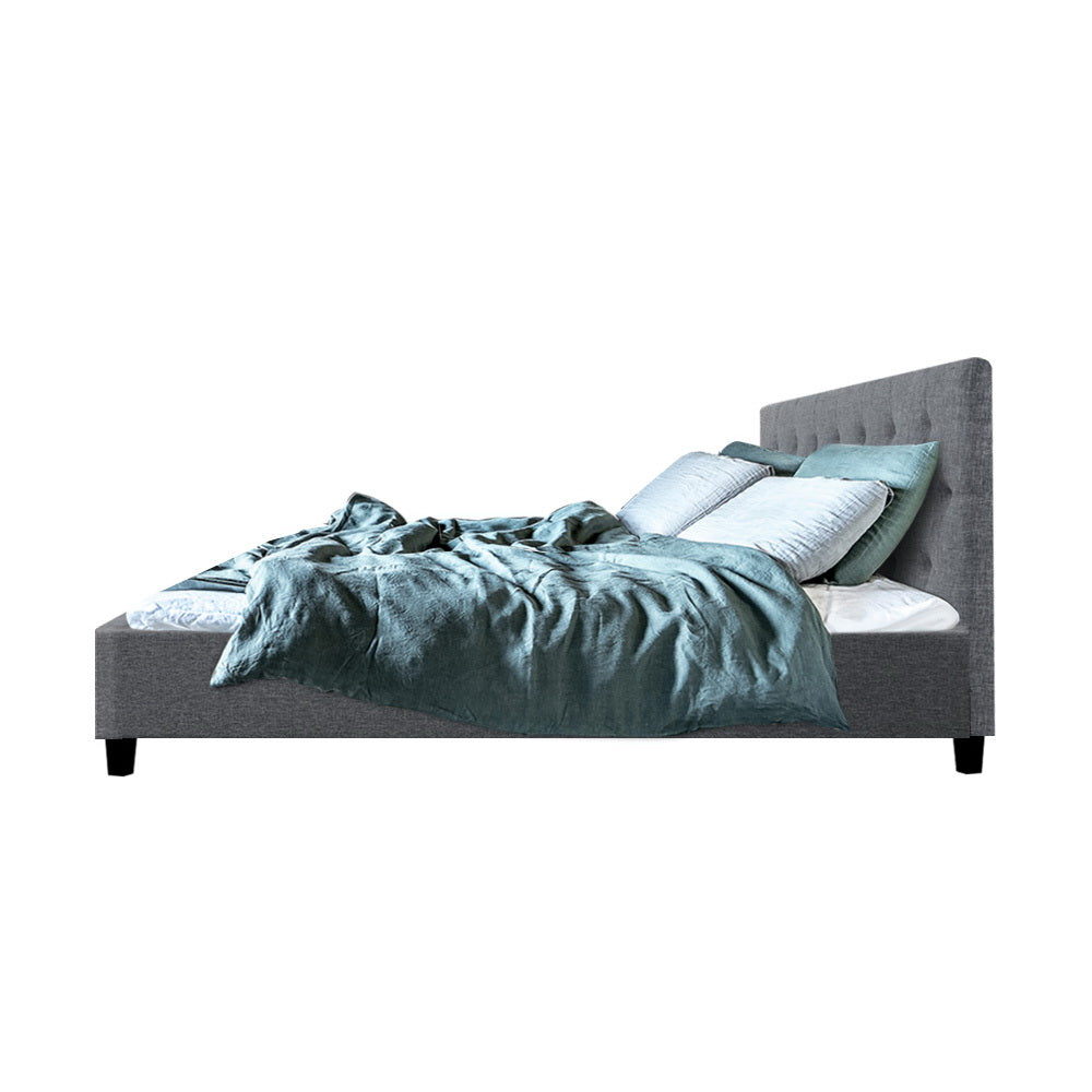 Artiss Vanke Bed Frame in Grey with tufted-button headboard and solid wooden slats, showcasing modern design and quality faux linen upholstery.