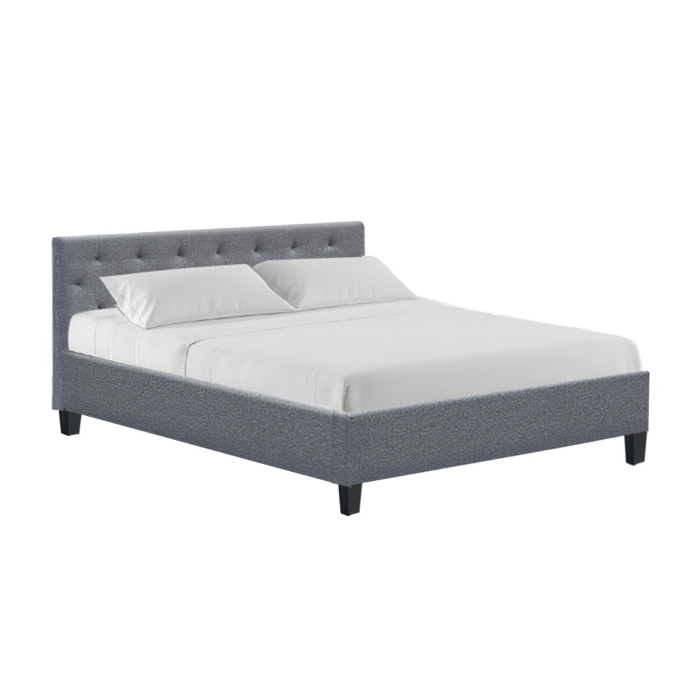 Artiss Vanke Bed Frame in Grey, featuring a tufted-button headboard and solid wood slats, perfect for a Queen-sized mattress.