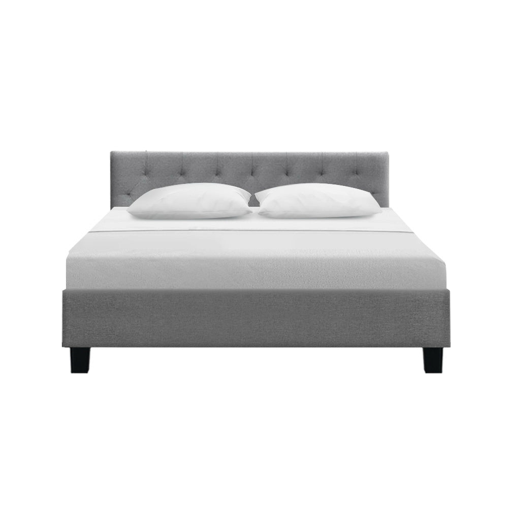 Artiss Vanke Bed Frame in Grey, featuring a tufted-button headboard and solid wood slats, perfect for a Queen-sized mattress.