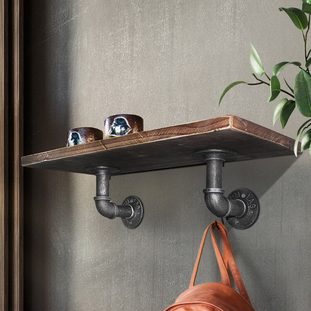 Artiss Wall Shelves featuring industrial metal pipe brackets and rustic wood shelf, ideal for DIY projects.