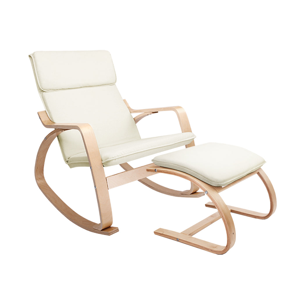 Artiss Wooden Armchair with Foot Stool in Beige, featuring a bentwood design and soft cotton upholstery for ultimate comfort.