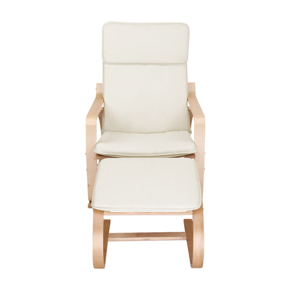 Artiss Wooden Armchair with Foot Stool in Beige, featuring a bentwood design and soft cotton upholstery for ultimate comfort.